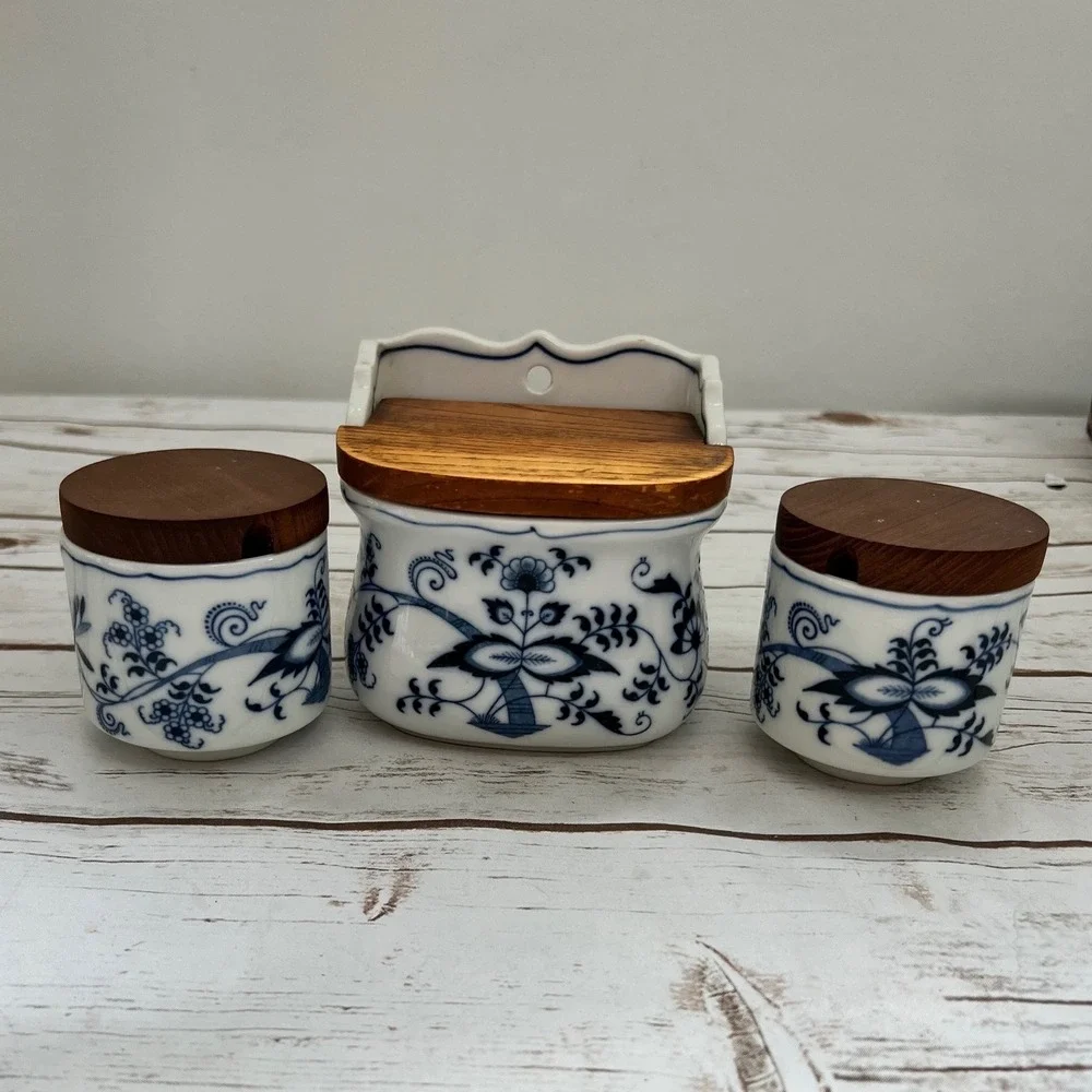 Blue Danube Salt Box Spice Jar Set Blue White Floral Wood Lids 3pc OS